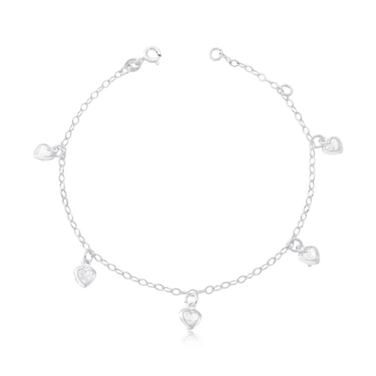 Pulseira de Prata 5 Corações de Zircônias