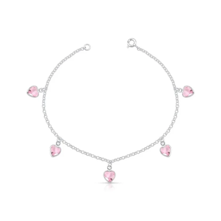 Tornozeleira de Prata 925 corações com zirconia rosa