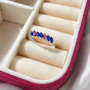 Anel de prata 925 navete zirconias rosa e azul