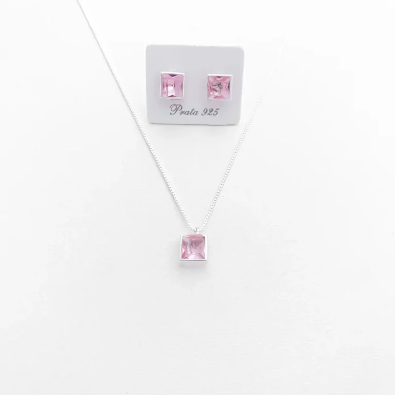 Conjunto de prata 925 Quadrado om Zircônia Rosa
